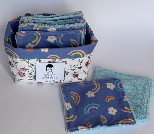 panier à lingettes lavable en coton imprimé bleu et floral - petit beba