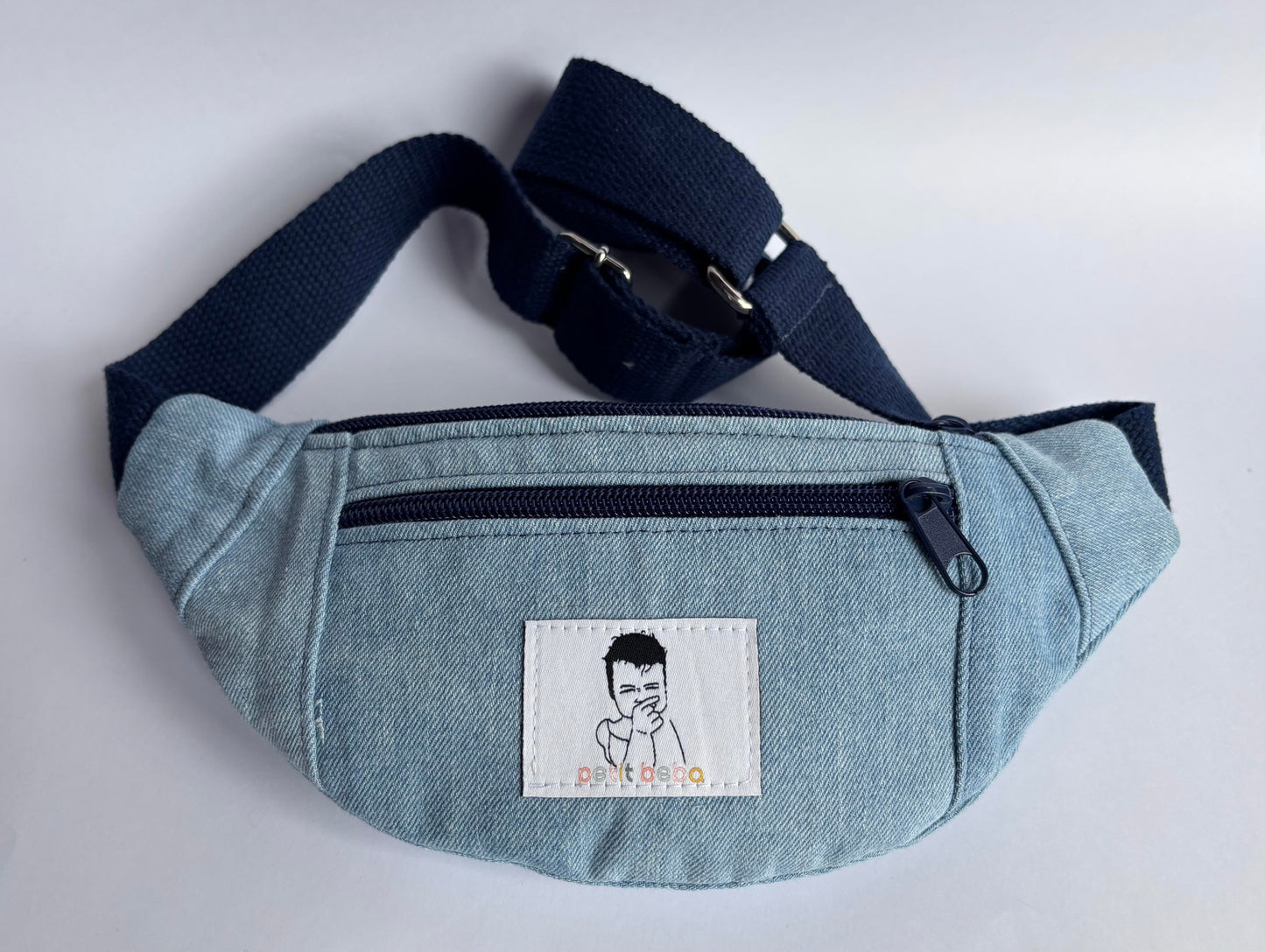 Sac banane enfant Eden en tissu jean avec sangle marine - petit beba 