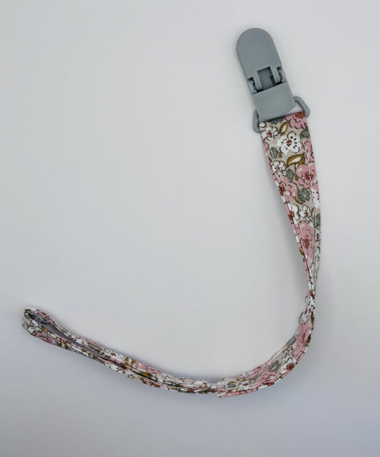attache-tétine Bubuclip fleuri rose pinse grise - petit beba