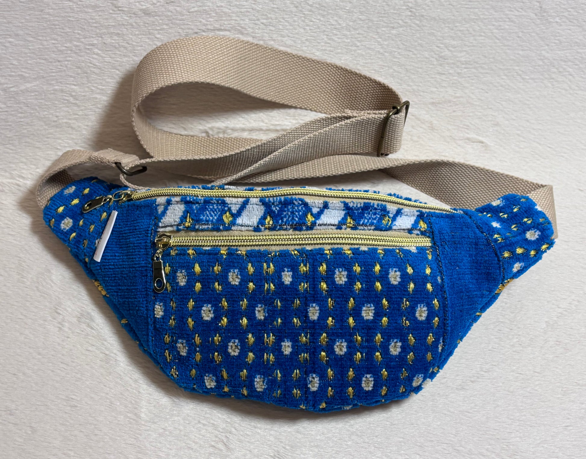 sac banane signature pour adulte en tissu bleu à motifs avec sangle beige - petit beba