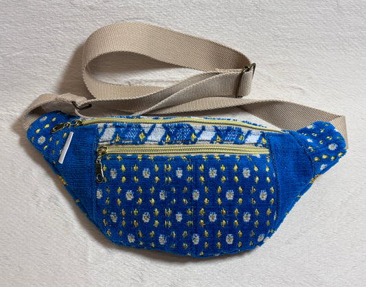 sac banane signature pour adulte en tissu bleu à motifs avec sangle beige - petit beba