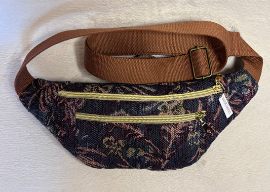 sac banane signature pour adulte en tissu jacquard floral bleu et marron avec sangle marron - petit beba