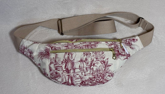 sac banane signature pour adulte en toile de Jouy écrue et bordeaux avec sangle beige - petit beba 